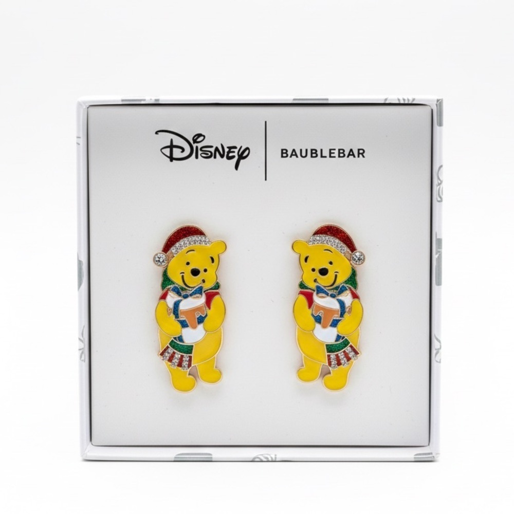 Disney x BaubleBar Winnie the Pooh Christmas Earrings Holiday Enamel Pierced NIB